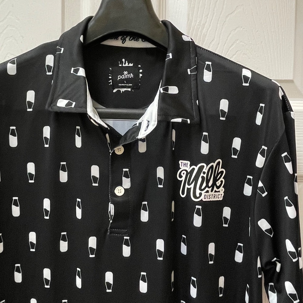 TMD x Palmr Milk Bottle Men's Size Large Black & White Graphic Perfomance Polo